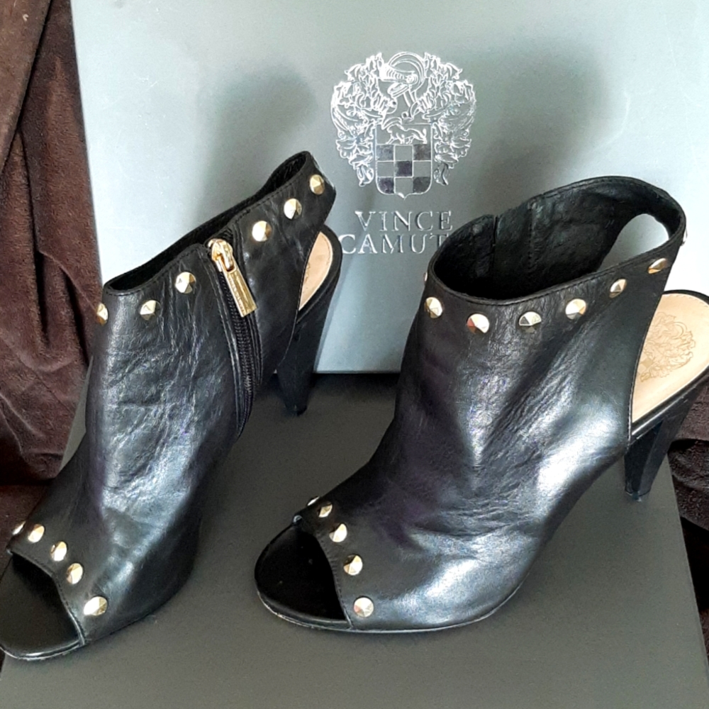 Vince Camuto Abbia Studded Black Leather Peep-toe Booties - 9M
